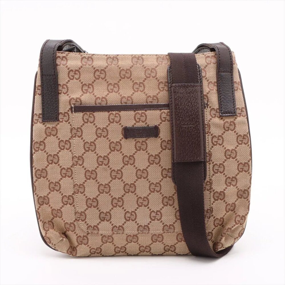 Gucci GG Canvas Leather Shoulder Bag Crossbody Messenger Brown